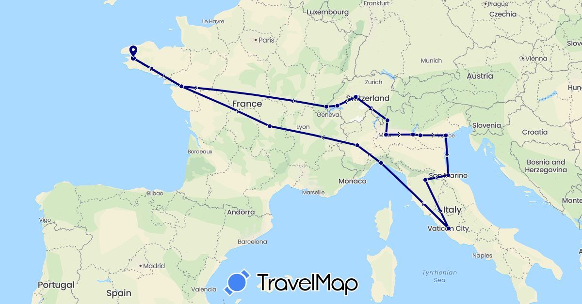 TravelMap itinerary: driving in Switzerland, France, Italy, San Marino (Europe)